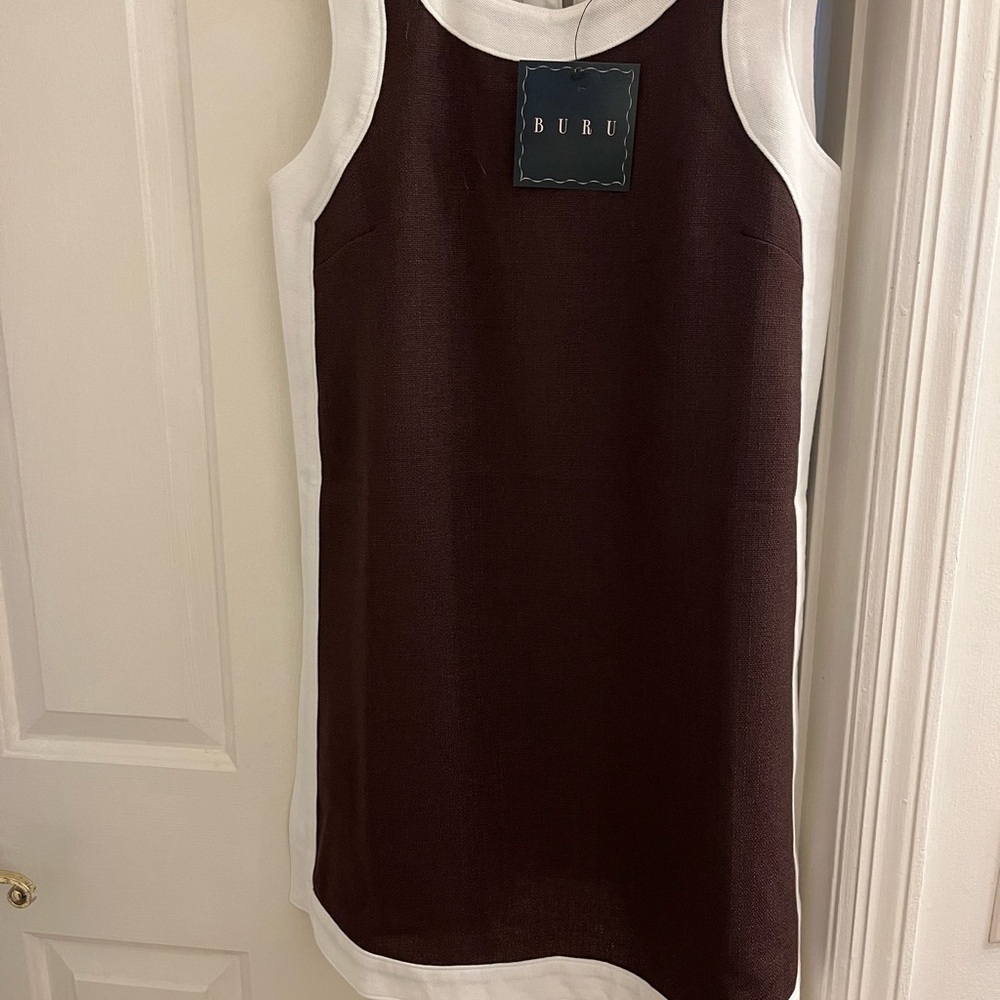 BURU Brown Mini Shift Dress with White Trim